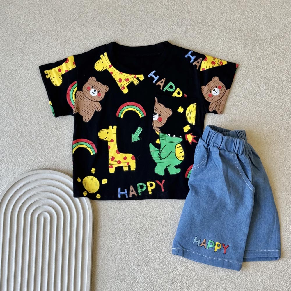 ست تیسرت شلوارک وارداتی بچگانه طرح Happy مناسب ۱ تا ۵ سال
